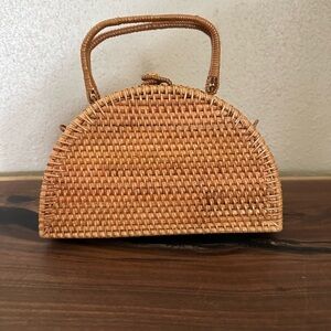 Vintage Ratan/Wicker Half-Moon Boho Style Handbag with Woven Hook + Eye Closure